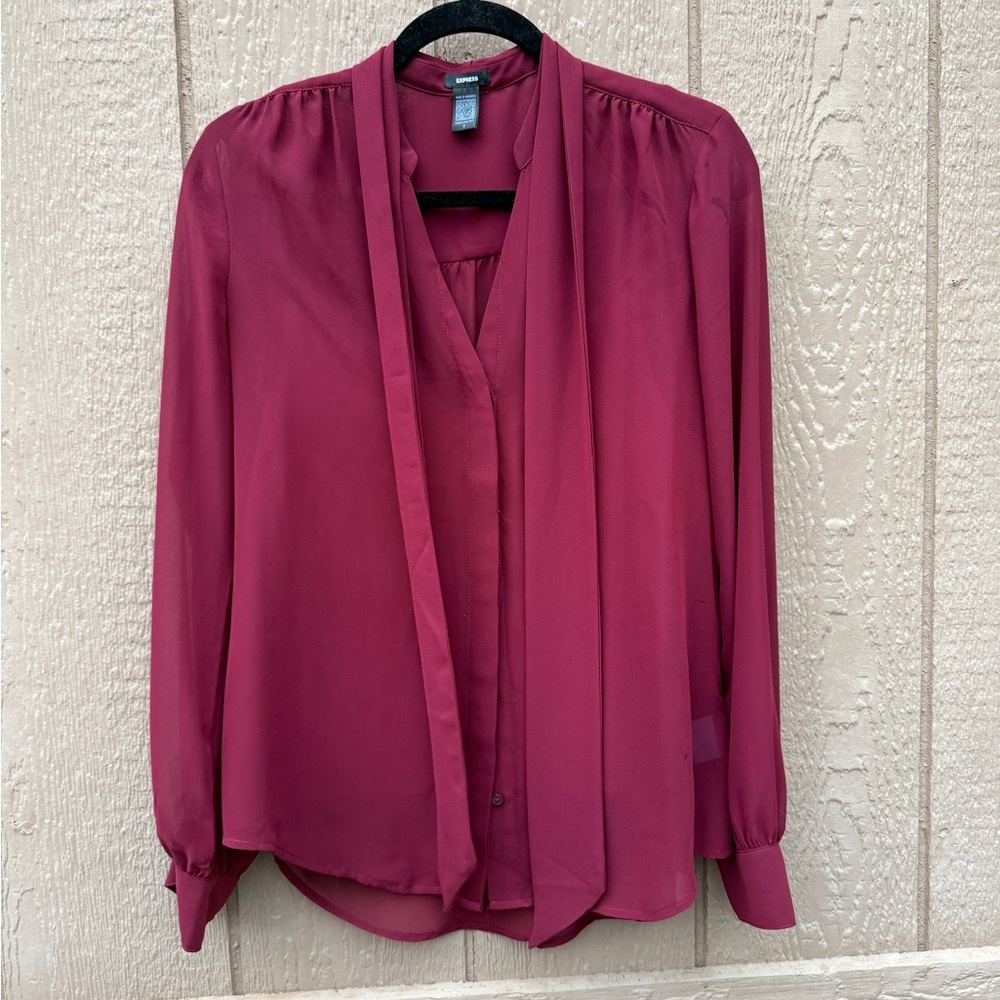 Express Women's Wine Tie-Neck Long Sleeve Blouse